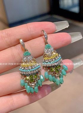 气质复古绿色几何耳环耳饰水晶时尚民族风网红菱形女耳钩2025新款