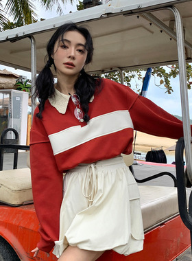 NEIHE2024年春季新款减龄拼色毛织领长袖抽绳卫衣女款250098