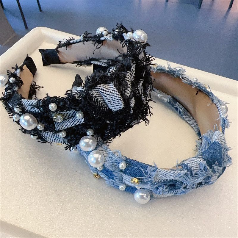 布艺发饰牛仔钉珠年发箍新品打结