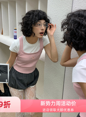 NEIHE内赫2024春季新款棉质T恤拼接羊毛毛织假两件上衣女250081