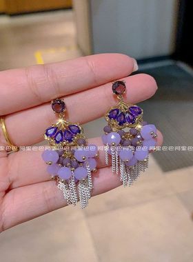 耳环耳钉高级感水晶夸张高级2025女紫色国风流苏耳饰新款重工