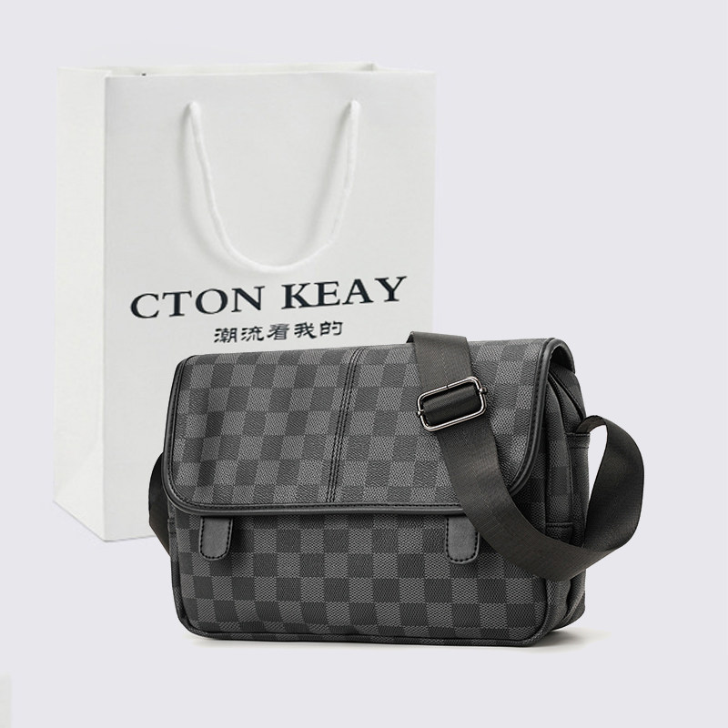 男士牛皮真皮耐磨格子手提包通勤休闲盖式单肩潮流商务邮差斜挎包