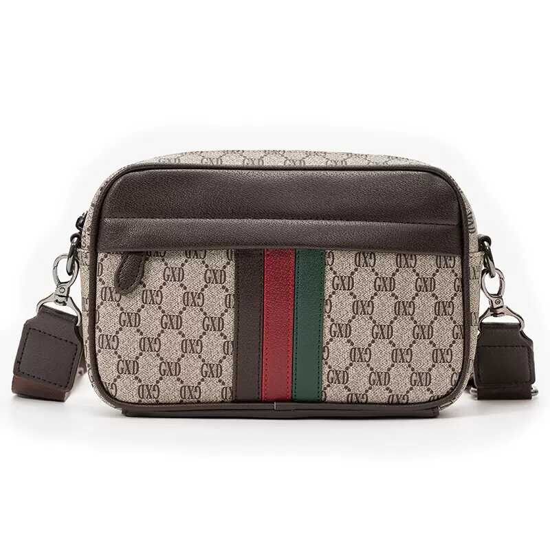 复古男款卡其色男士单肩包条纹撞色男斜跨包潮流时尚男包挎包