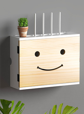 原木笑脸无线路由器收纳架壁挂wifi光猫多媒体遮挡箱装饰盒免打孔