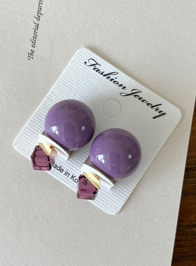 韩国东大门糖果色紫色圆球方钻耳钉气质高级感耳环简约耳饰品女