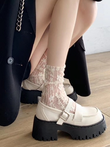 法式玛丽珍鞋女2024春季新款白色一脚蹬厚底粗跟高跟松糕底小皮鞋