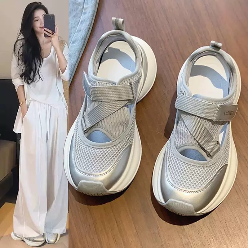镂空透气厚底老爹鞋女2025夏季新款魔术贴洞洞鞋休闲百搭运动凉鞋