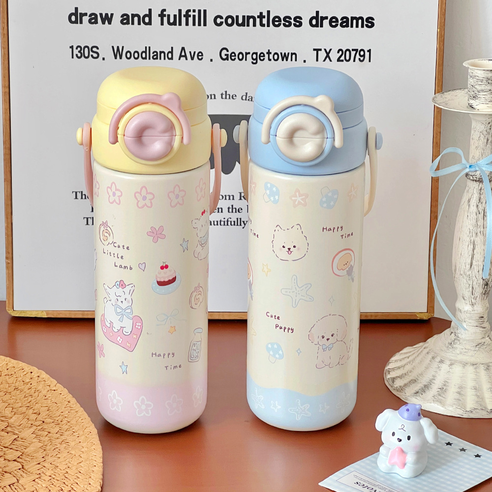 新款卡通弹盖保温杯学生上学专用双饮水杯便携手提不锈钢吸管杯子