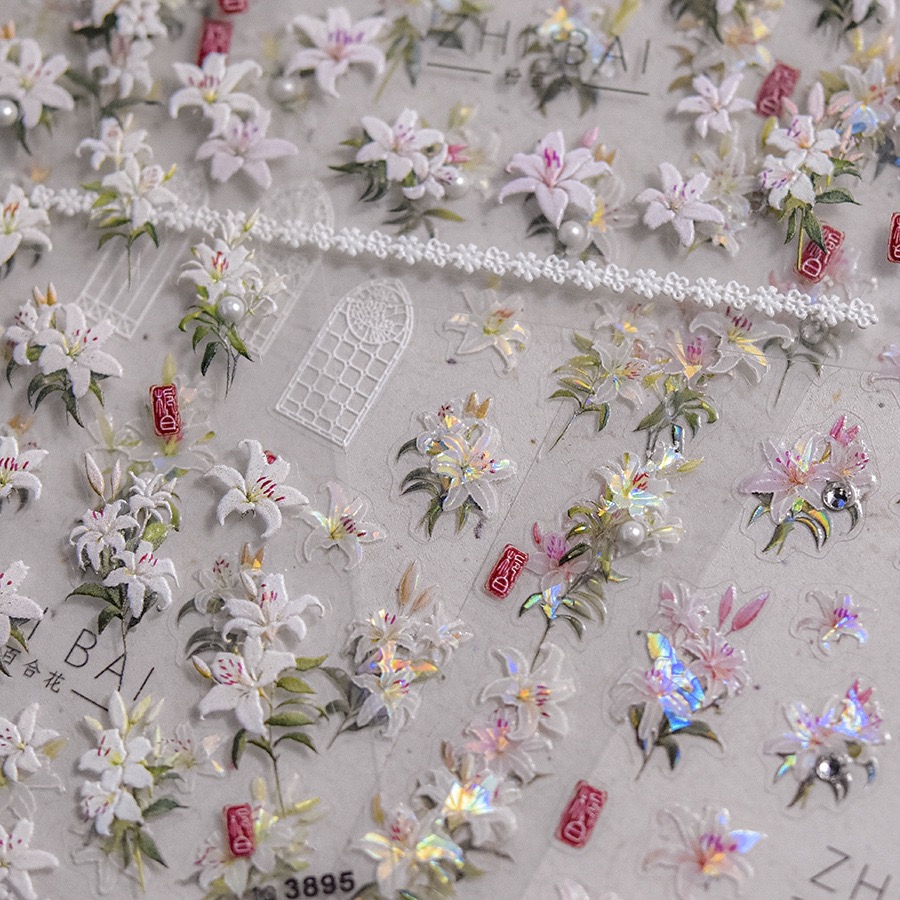 晶钻百合花美甲贴纸浮雕立体贝壳光背胶自粘贴画指甲装饰品防水贴图片
