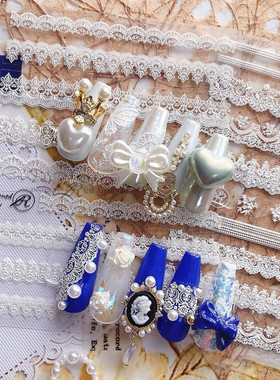 tomoni nailart美甲浮雕长条蕾丝贴纸指甲玫瑰花蝴蝶白色花边贴画