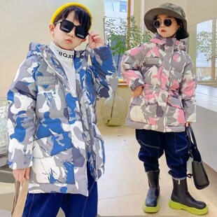 史努比冬季新品男女童加厚迷彩白鸭绒保暖羽绒服中大童