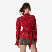 4muggle原创大女主时髦伞形褶皱立领红皮衣气质辣妹上衣短外套女