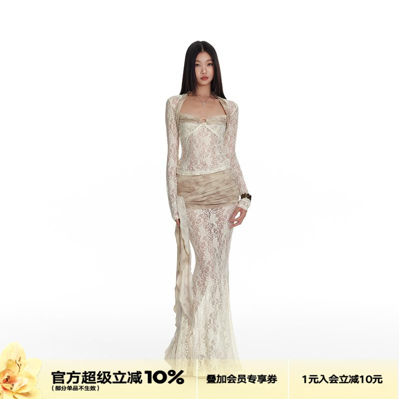 4muggle蕾丝上衣鱼尾半身裙套装