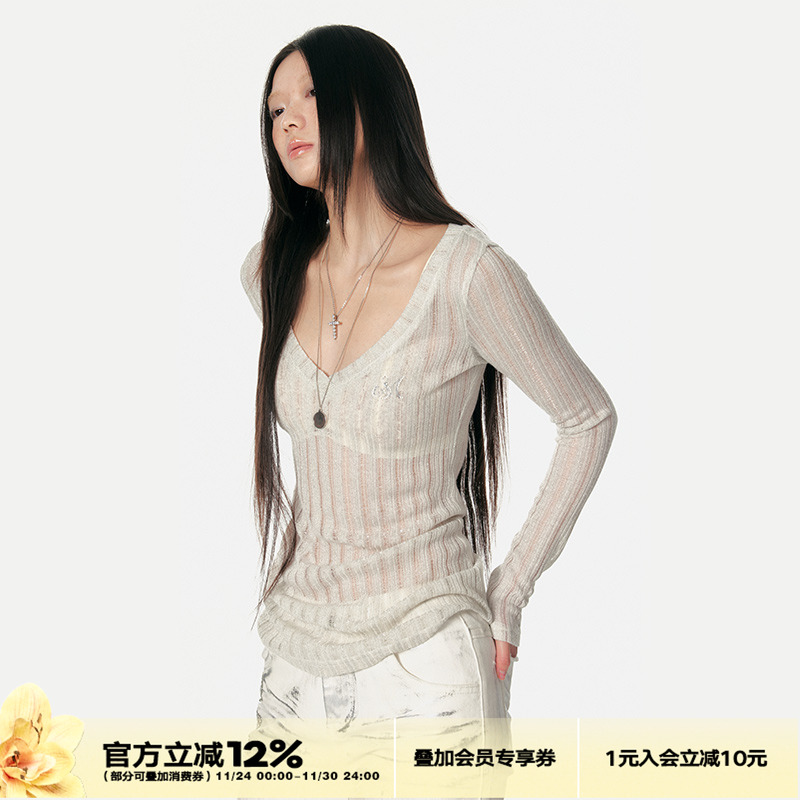 4muggle早春坑条针织V领打底衫女