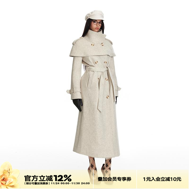 4muggle可拆卸披肩毛呢大衣外套