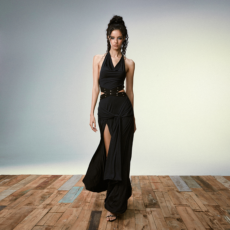 4muggle原创夏季新款荡领裙性感连衣裙黑色显瘦露背设计高腰长裙