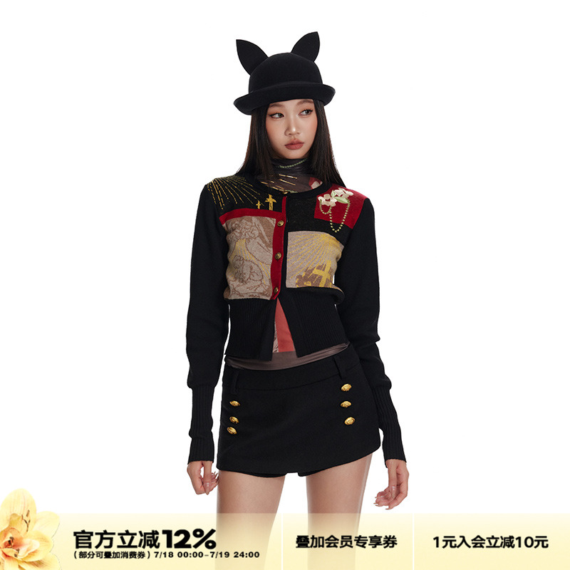 【權(quán)恩妃同款】桑蠶絲羊毛混紡毛衣外套女冬老錢(qián)提花針織開(kāi)衫上衣