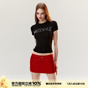 红色纯欲铆钉迷你皮裙辣妹超短裙性感包臀裙 4muggle原创春夏新款