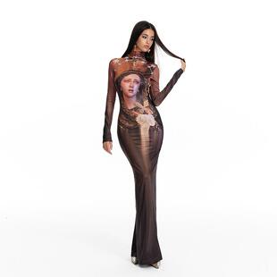 4muggle原创设计圣母油画连衣裙女秋冬季新款辣妹露背包臀长裙子