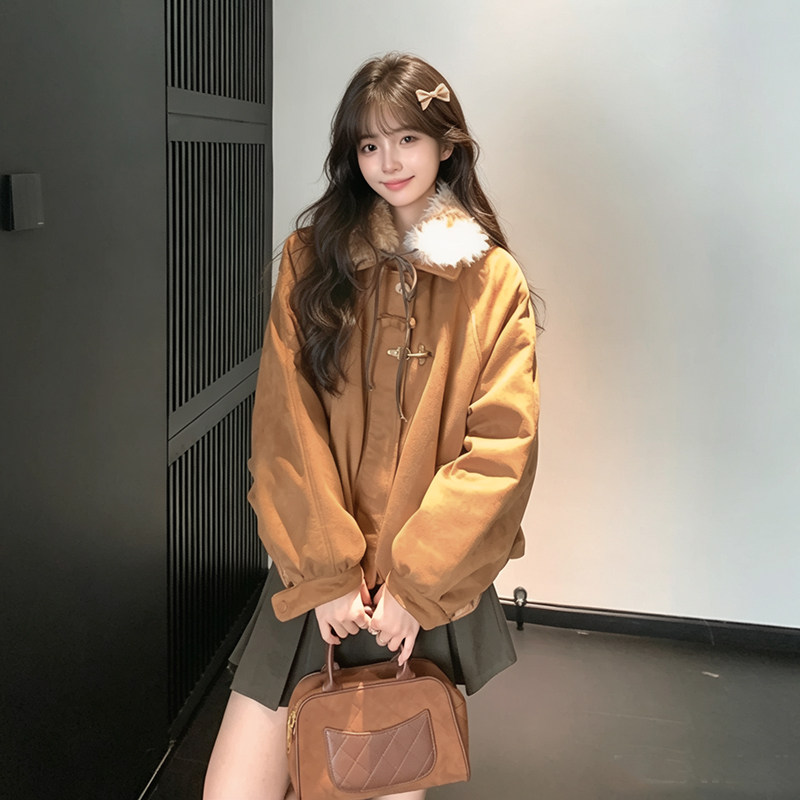 鸭鸭学院风蝴蝶结毛领鹿皮绒棉服