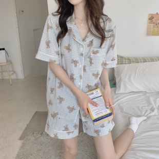 短袖 2023实拍实价韩版 格子睡衣ins印花小熊卡通可爱甜美家居服夏