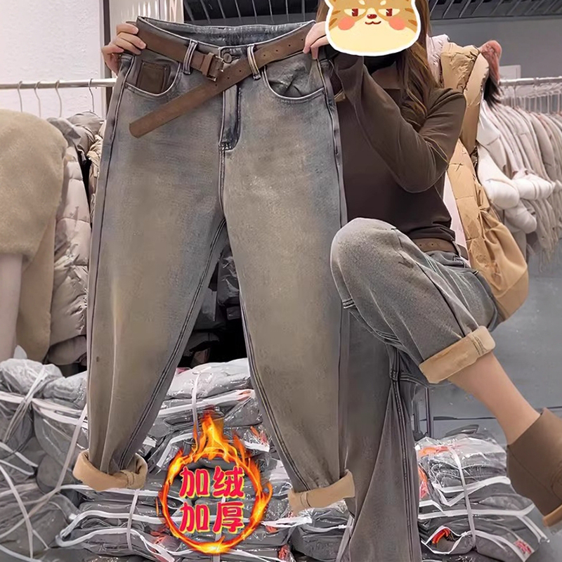 2025春季新款弹力复古百搭显瘦牛仔裤子女高腰弹力小脚宽松哈伦裤