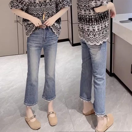 大码女装显瘦蕾丝花边九分直筒牛仔裤女2025春季新款弹力微喇裤子