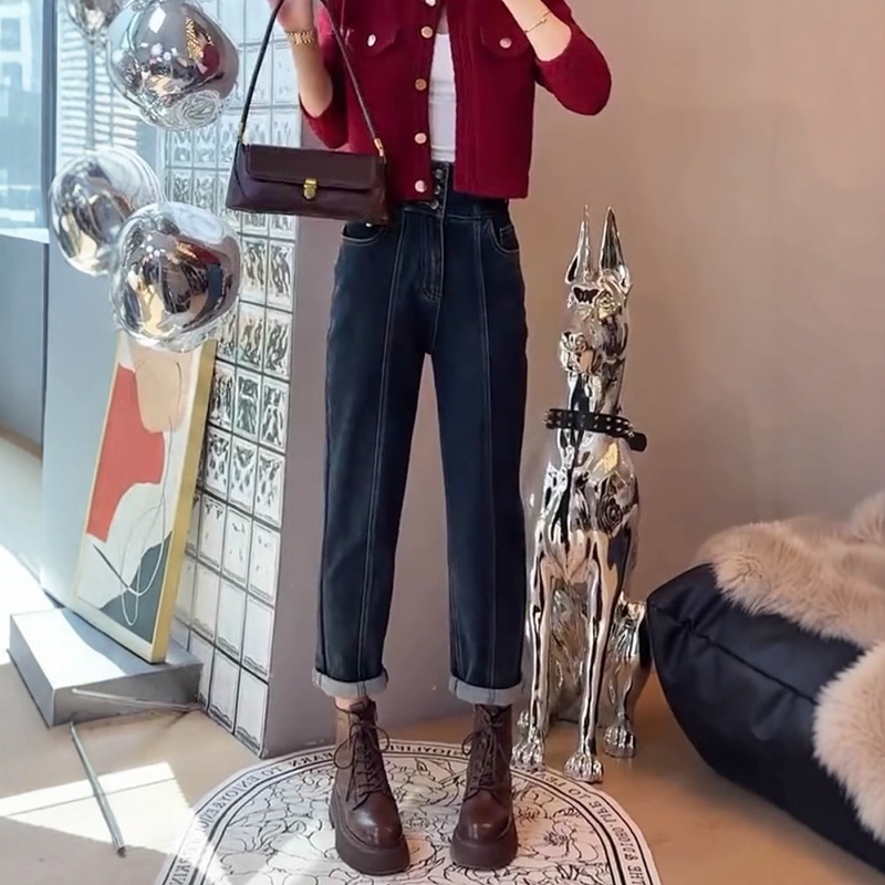 大码女装复古显瘦牛仔裤女2025春季新款高腰弹力显瘦九分哈伦裤子