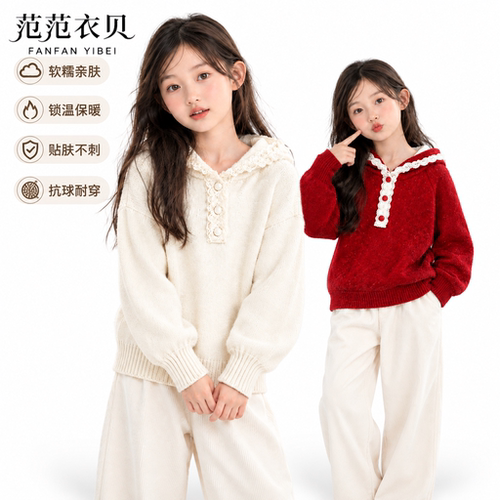 女童软糯连帽马海毛保暖针织衫