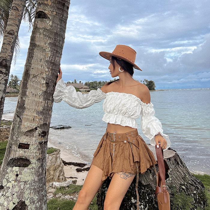 镭色lazer欧美异国风情一字肩上衣提花纹理亚花泡泡袖长袖短上衣