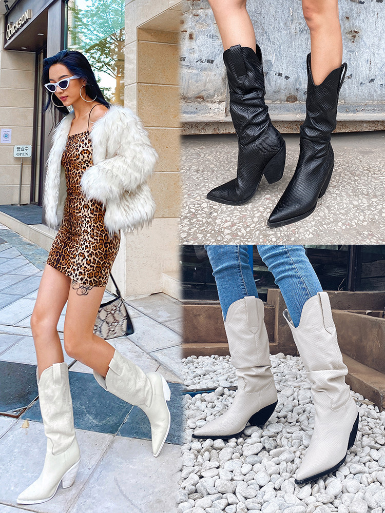 RADIUM LAZER 유럽과 미국 스타일의 카우보이 부츠는 지적 발가락 조각 서양 부츠 두꺼운 뒤꿈치 하이힐 나이트 부츠 여성용 굴뚝 부츠