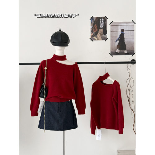 设计感挂脖斜肩红色圣诞跨年毛衣