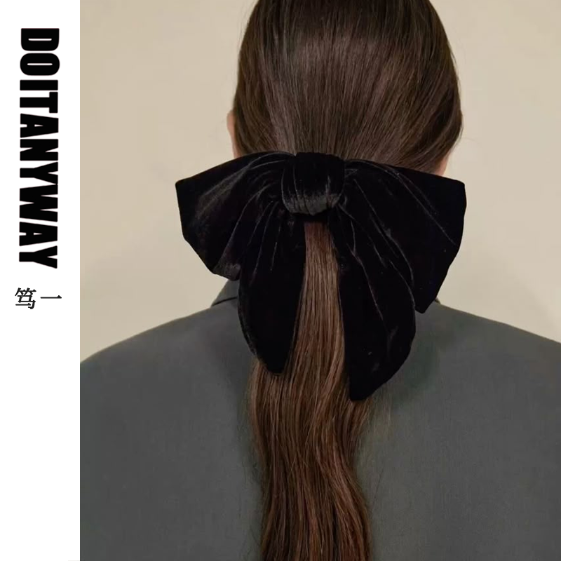 明星同款DOITANYWAY笃一黑色真丝丝绒蝴蝶结发夹高级感复古头饰女