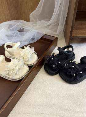 65637女童凉鞋2026新款米色26码珍珠蝴蝶结女孩公主鞋软底沙滩鞋