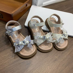 9903儿童凉鞋 女童珍珠网纱蝴蝶结小香风公主鞋 软底沙滩鞋 2026新款