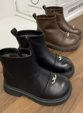 65622女童小香风韩版马丁靴2025冬季加绒保暖英伦风百搭高帮短靴