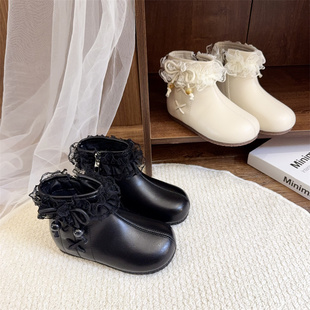 8813儿童马丁靴2025秋冬蕾丝花蝴蝶结公主风时尚女童白色小短靴