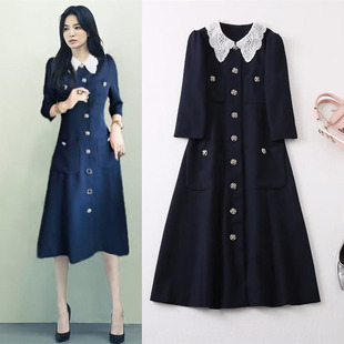 宋慧乔明星同款2024年秋季翻领长袖藏蓝色优雅裙外套中长款连衣裙