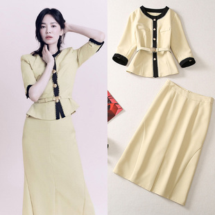 2025秋冬季新款宋慧乔明星同款撞色西装小外套开叉半裙套装女气质