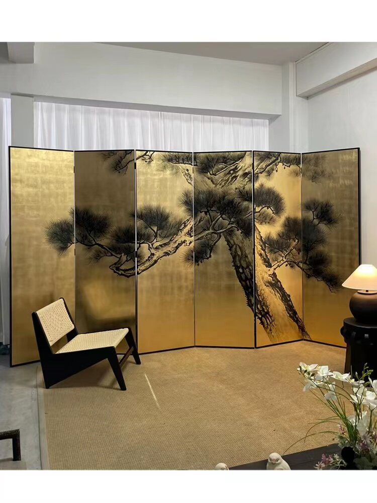 定制中日式手绘松树复古金箔漆画屏风折叠移动茶室客厅隔断背景墙