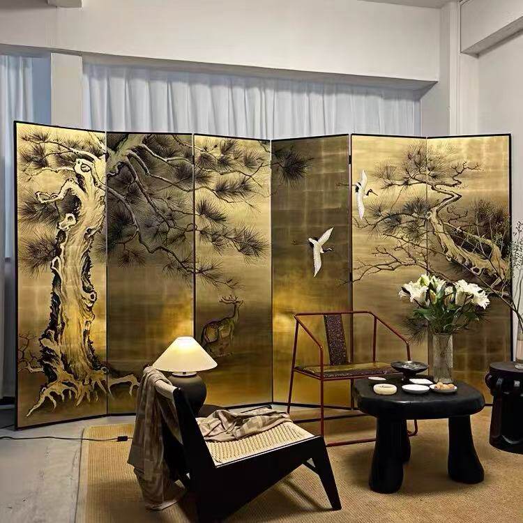 新中式复古手绘金箔屏风漆画松树仙鹤茶室隔断背景墙折屏移动定制