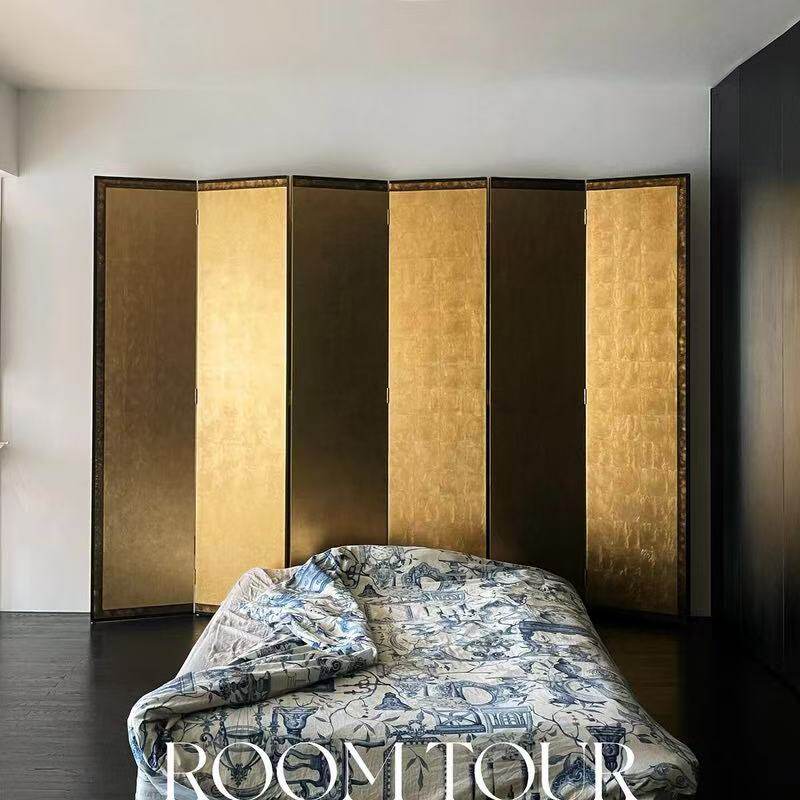 日式金箔做旧金箔屏风隔断卧室遮挡客厅背景墙玄关折屏移动可定制