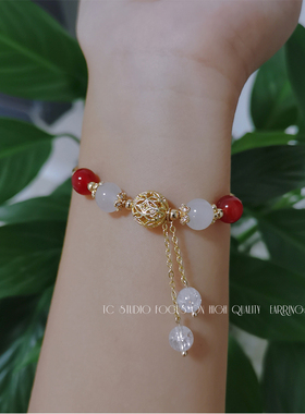 原创手作 天然红玛瑙水晶手链女14K包金转运珠手串送闺蜜女友礼物