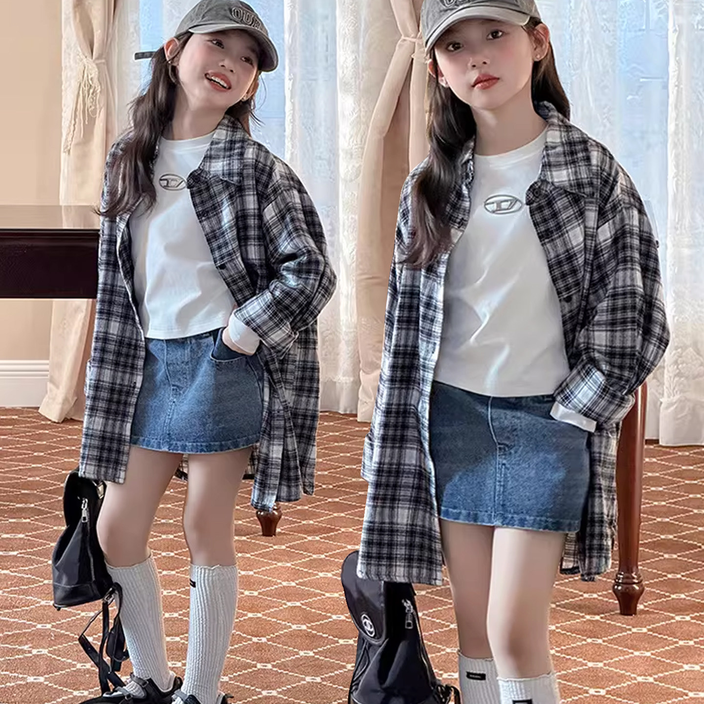 女童格子衬衫2026春季新品中大童学院风休闲开衫儿童中长款衬衣潮