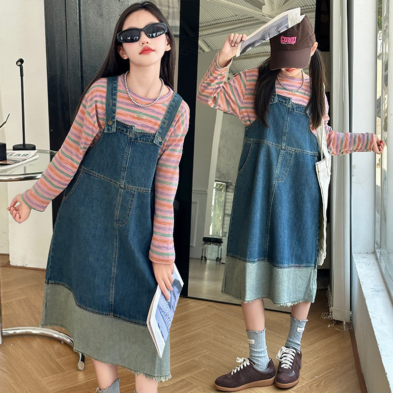 女童韩版牛仔背带裙套装2024春秋款中大童条纹打底衫儿童两件套