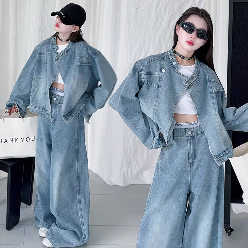 女童牛仔套装2026春季新品韩版中磊童炸街潮服儿童阔腿裤两件套潮