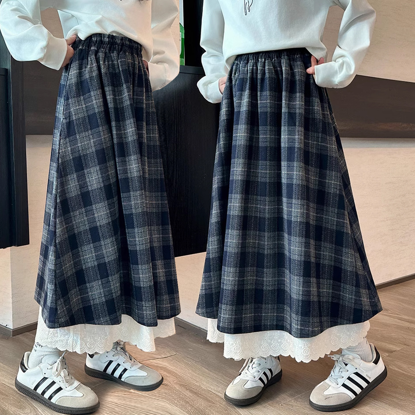 女童格子裙2025秋冬新品中大童百搭蕾丝拼接毛呢半身裙女孩长裙子
