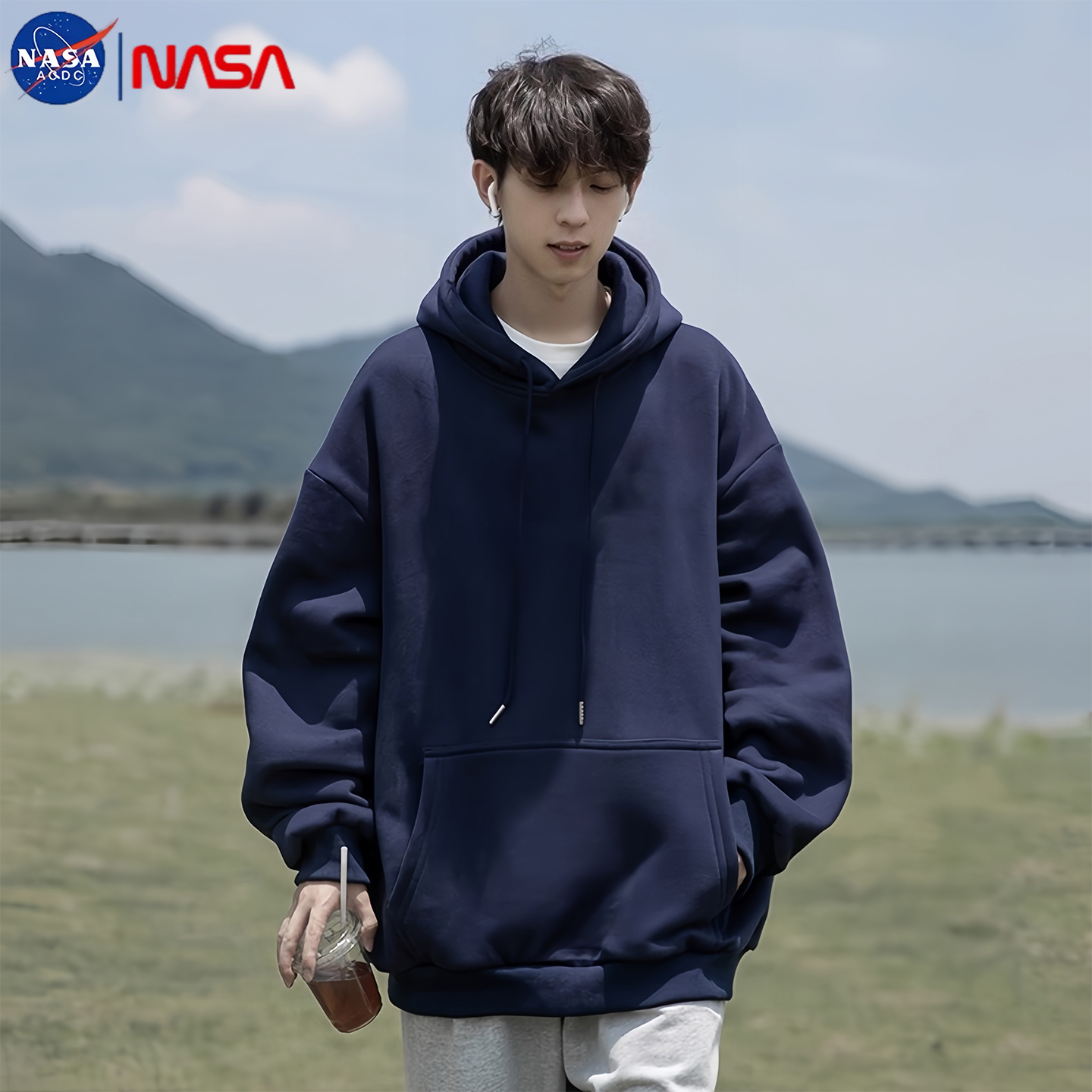NASA联名连帽卫衣男士秋冬2025新款初中生宽松加绒加厚青少年外套