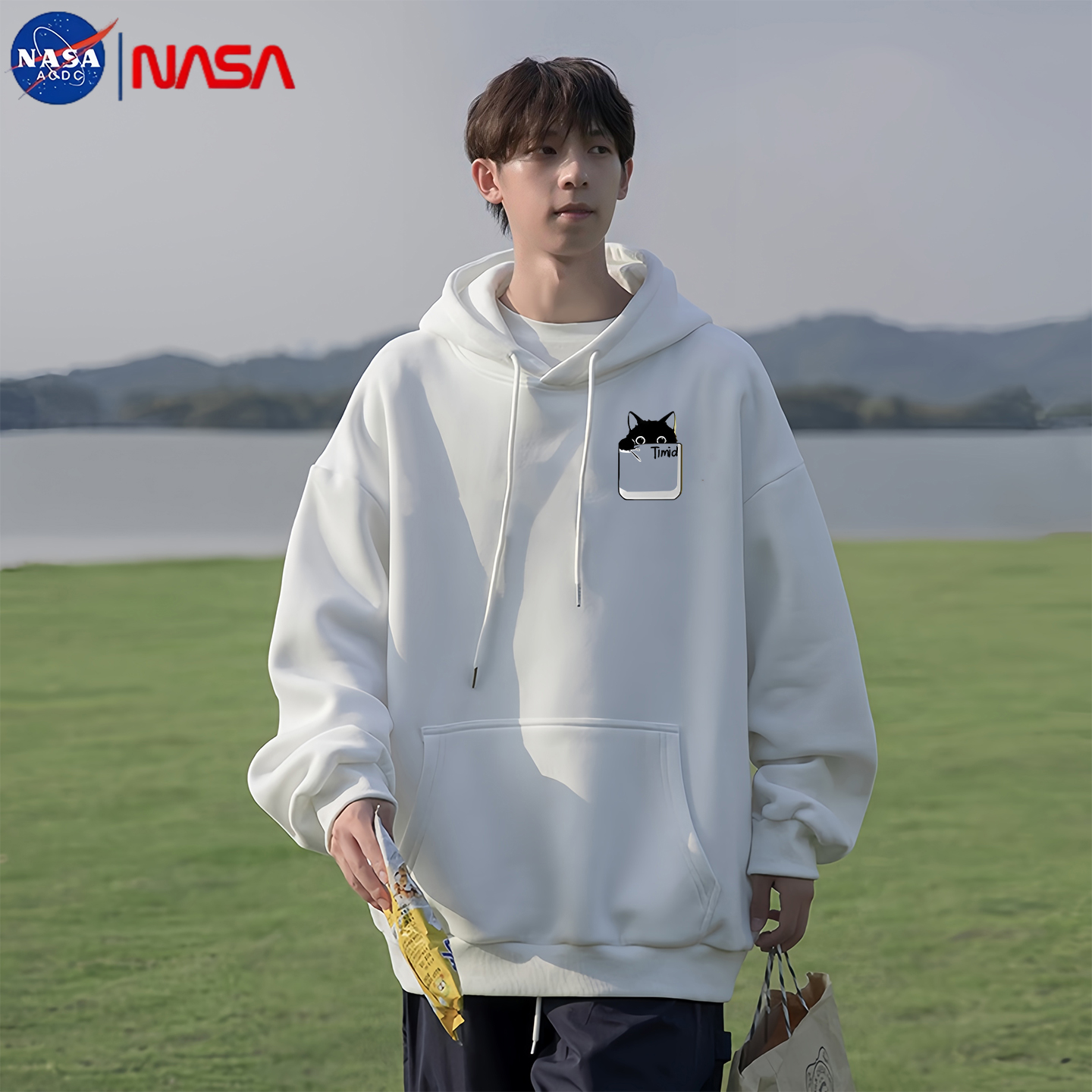 NASA连帽卫衣男款冬季加绒加厚宽松休闲青少年连帽衫外套潮流上衣