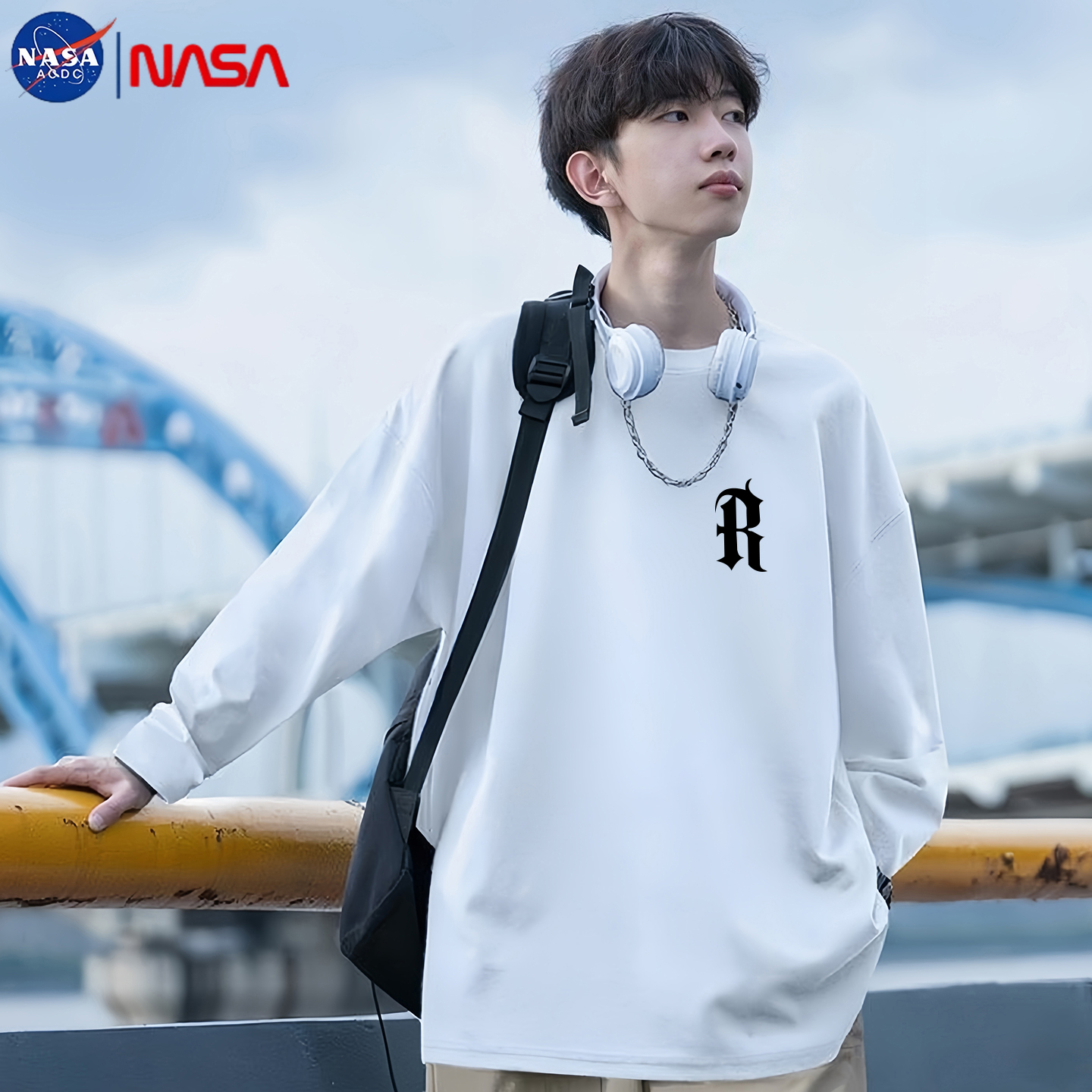 NASA联名纯棉长袖t恤男生重磅春秋宽松冬季青少年白色T恤内搭上衣